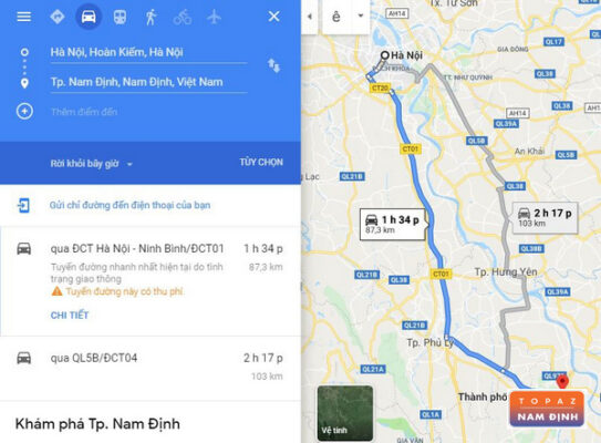 Khoảng cách giữa Hà Nội và Nam Định theo Google Maps