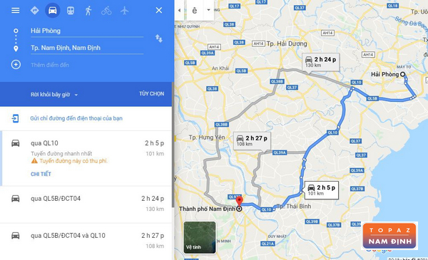 Khoảng cách từ thành phố Hải Phòng đến Nam Định theo Google Maps