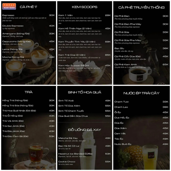 Danh sách menu đồ uống Aha Cafe Nam Định 