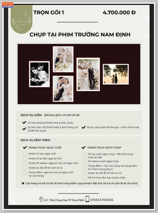 Bảng giá gói 1 tại Phượng Bridal Studio