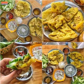 Bánh xèo tại quán Chè Huế Nam Định được đánh giá cao về hương vị béo và giòn