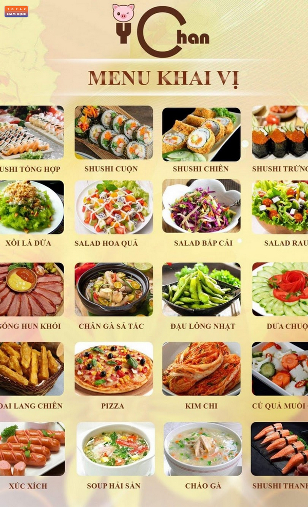 Menu các món khai vị tại  quán Buffet Lẩu YCHAN