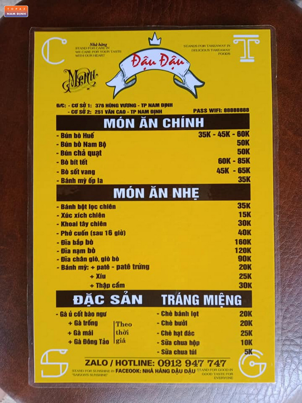 Menu đồ ăn tại quán bún bò Huế Đậu Đậu