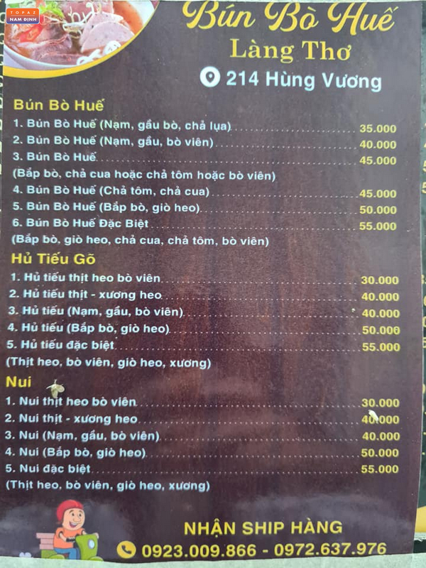 Menu và thực đơn tại bún bò Huế Làng Thơ Nam Định 