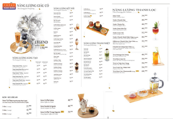 Menu đồ uống tại Cafe Trung Nguyên Legend Nam Định