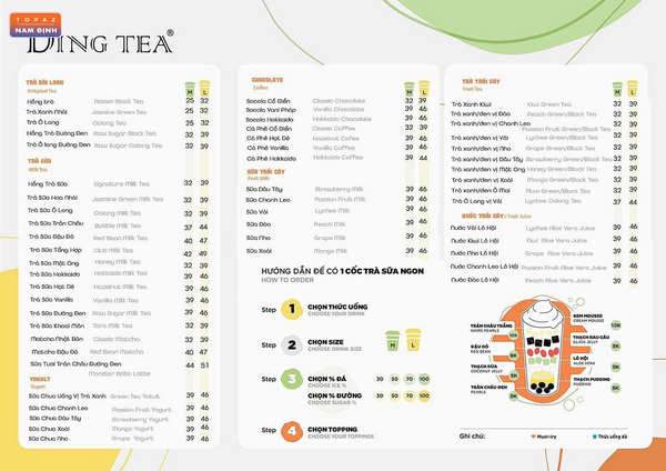 Menu Ding Tea Nam Định mới nhất 