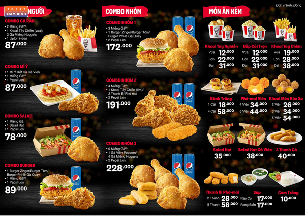 Menu các combo gà rán tại KFC Nam Định