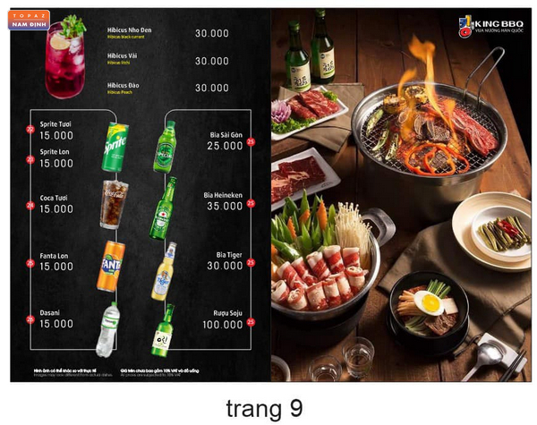 Menu đồ uống ở quán King BBQ Buffet Nam Định