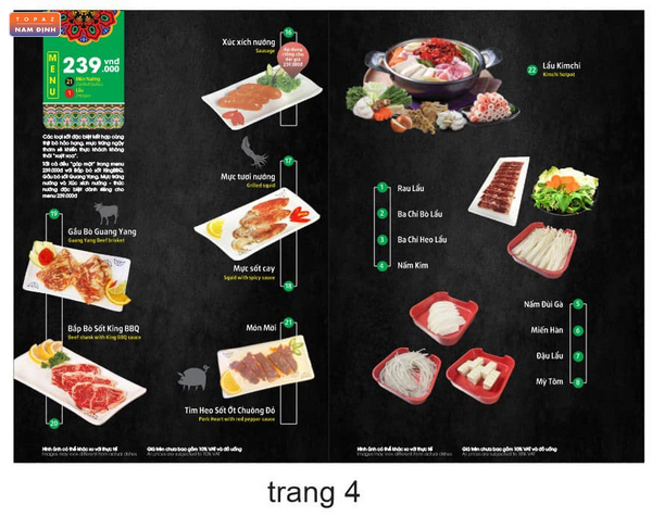 Menu các món ăn trong combo 239k tại King BBQ Buffet Nam Định