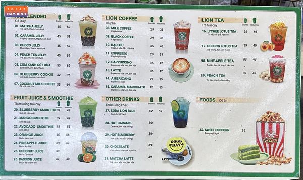 Menu đồ uống tại Lion Coffee Nam Định