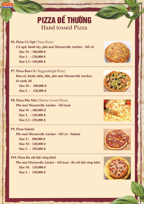 Menu các món Pizza đế thường tại Pizza Big One Nam Định 