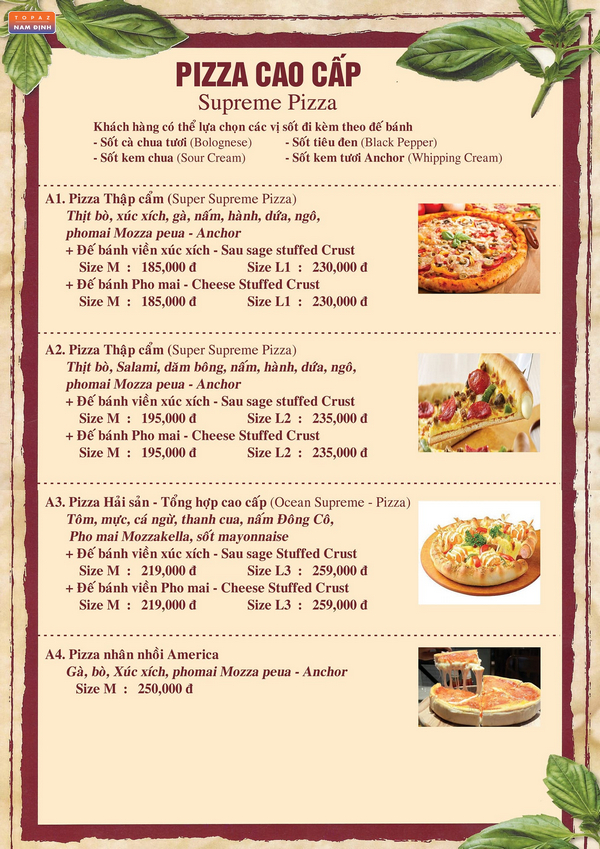 Menu các loại Pizza cao cấp tại Pizza Big One