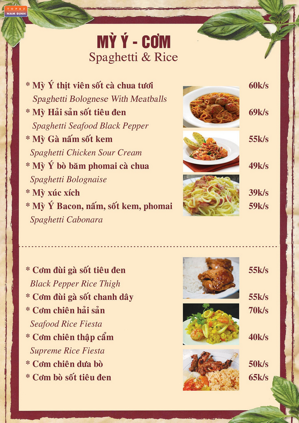 Menu các món mỳ Ý tại Pizza Big One