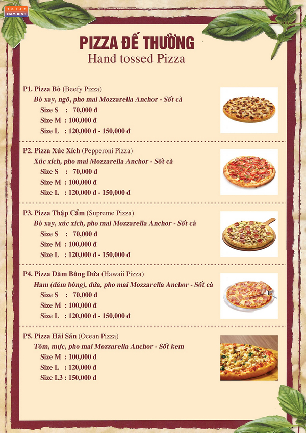 Menu tại Pizza Big One mới nhất 