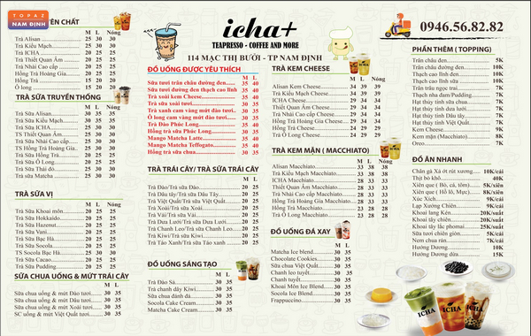 Menu trà sữa ở quán trà sữa Icha Nam Định 